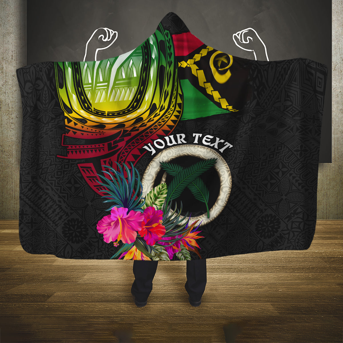 Personalised Vanuatu 44th Anniversary Hooded Blanket Boars Tusk Tugeta Yumi Selebretem Indipendens Dei LT03 One Size Black - Polynesian Pride