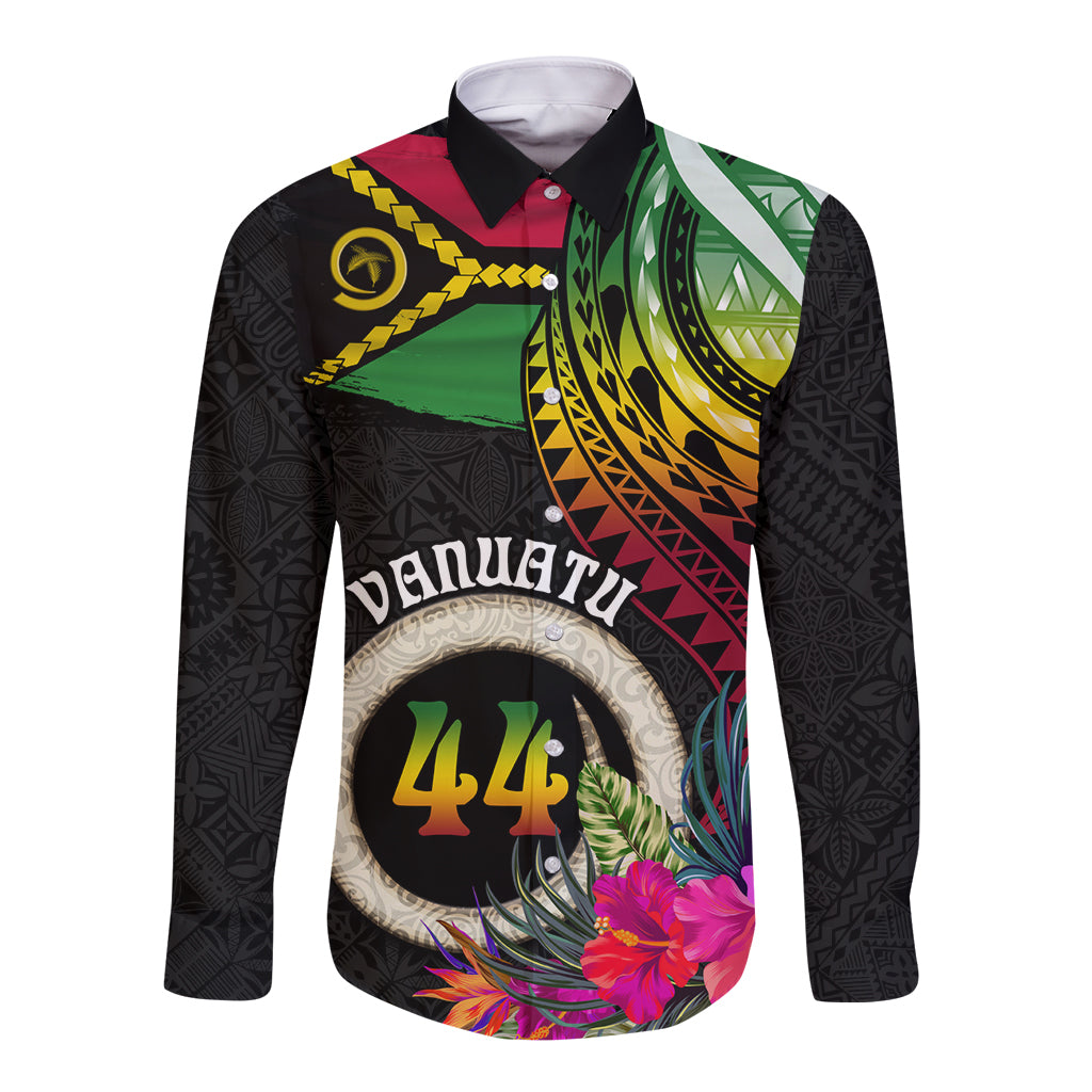 Personalised Vanuatu 44th Anniversary Long Sleeve Button Shirt Boars Tusk Tugeta Yumi Selebretem Indipendens Dei LT03 Unisex Black - Polynesian Pride