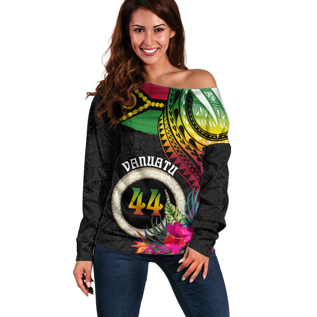 Personalised Vanuatu 44th Anniversary Off Shoulder Sweater Boars Tusk Tugeta Yumi Selebretem Indipendens Dei LT03 Women Black - Polynesian Pride