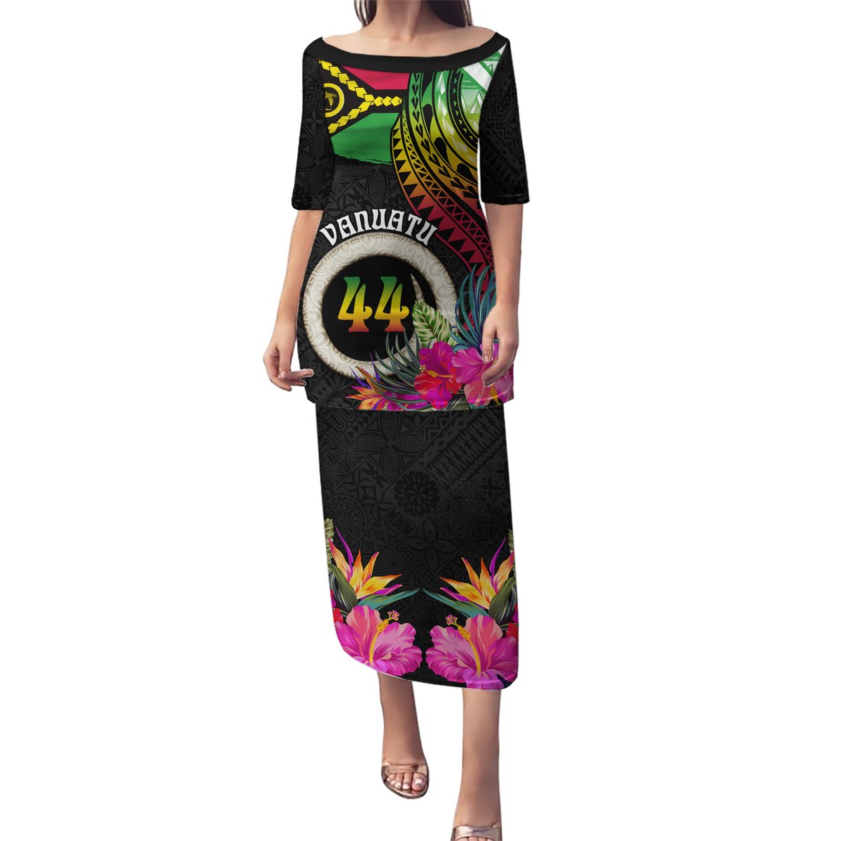 Personalised Vanuatu 44th Anniversary Puletasi Boars Tusk Tugeta Yumi Selebretem Indipendens Dei LT03 Long Dress Black - Polynesian Pride