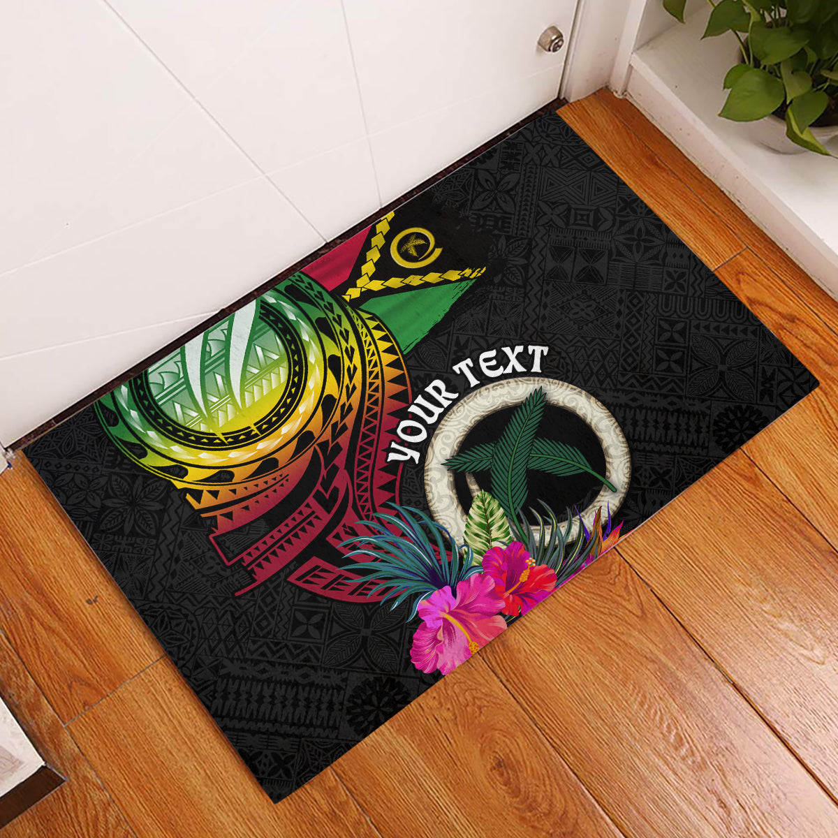 Personalised Vanuatu 44th Anniversary Rubber Doormat Boars Tusk Tugeta Yumi Selebretem Indipendens Dei LT03 Black - Polynesian Pride