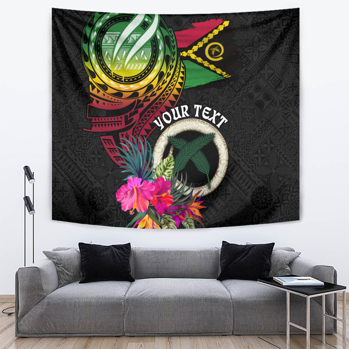 Personalised Vanuatu 44th Anniversary Tapestry Boars Tusk Tugeta Yumi Selebretem Indipendens Dei LT03 Black - Polynesian Pride