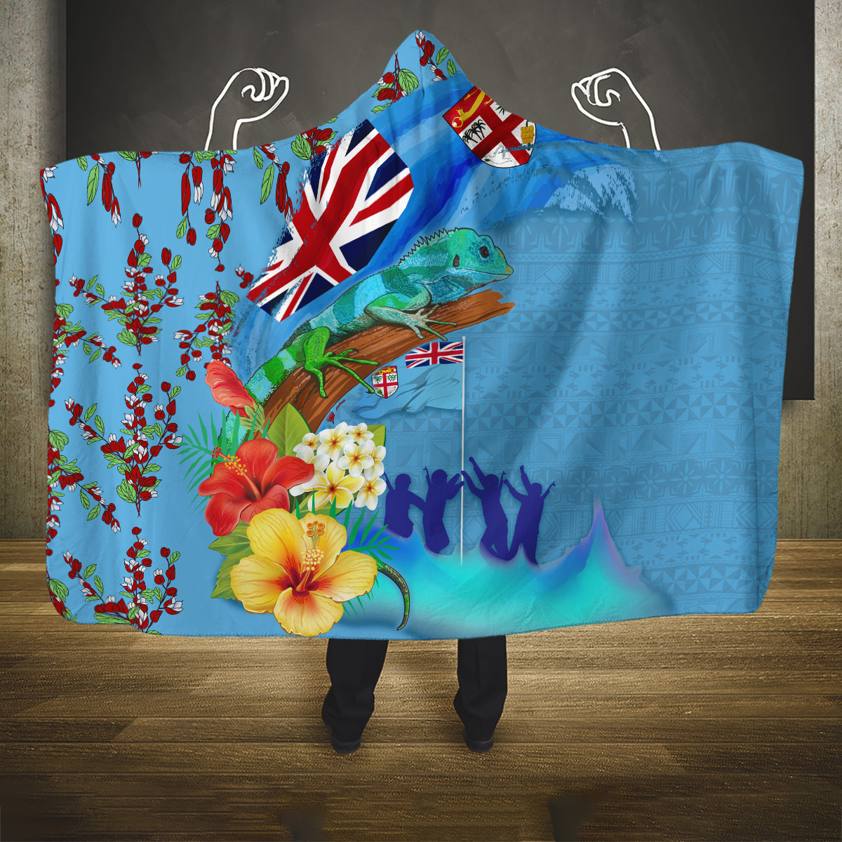 Fiji Day Hooded Blanket Tagimoucia Flower and Melanesia Pattern LT03 One Size Blue - Polynesian Pride