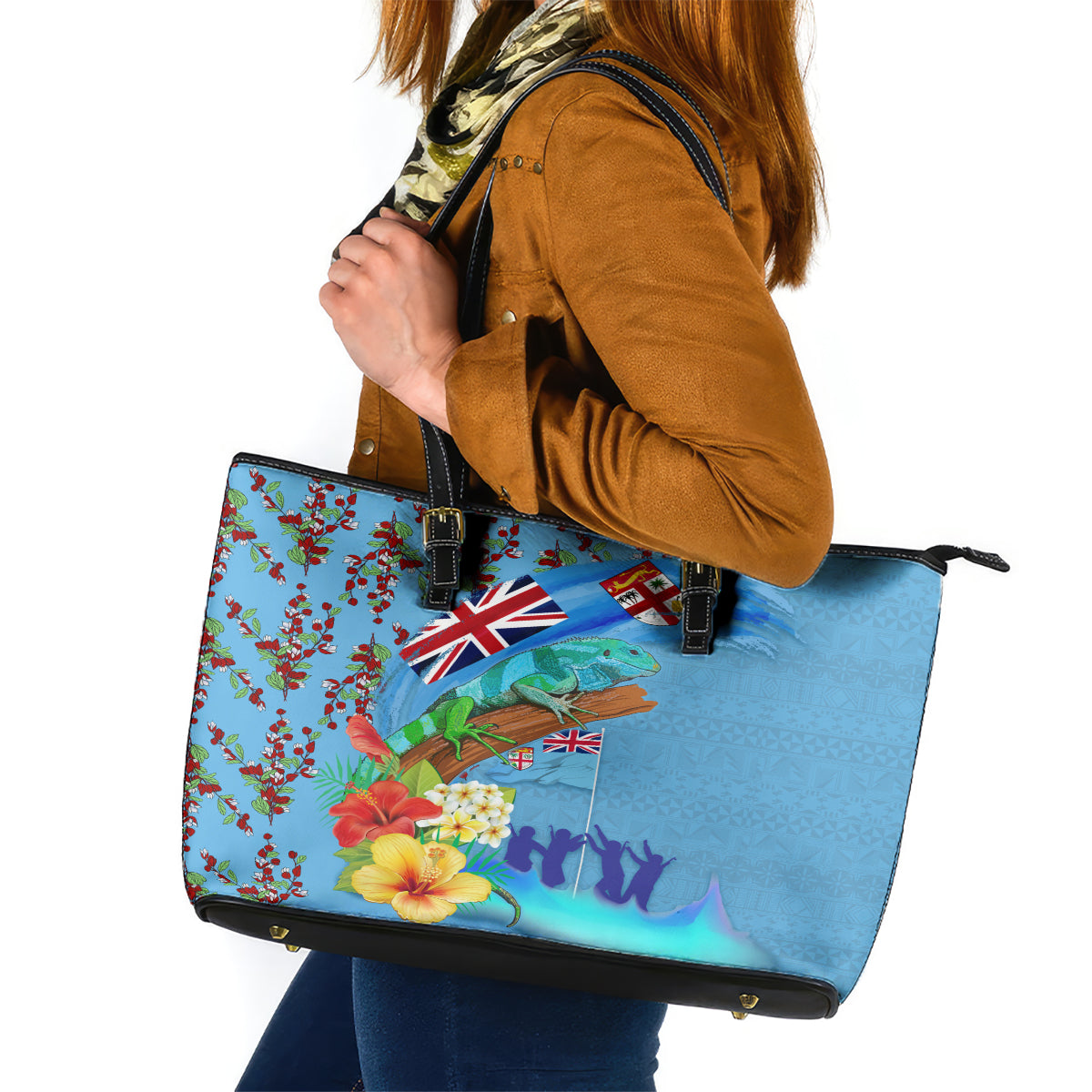 Fiji Day Leather Tote Bag Tagimoucia Flower and Melanesia Pattern LT03 Blue - Polynesian Pride
