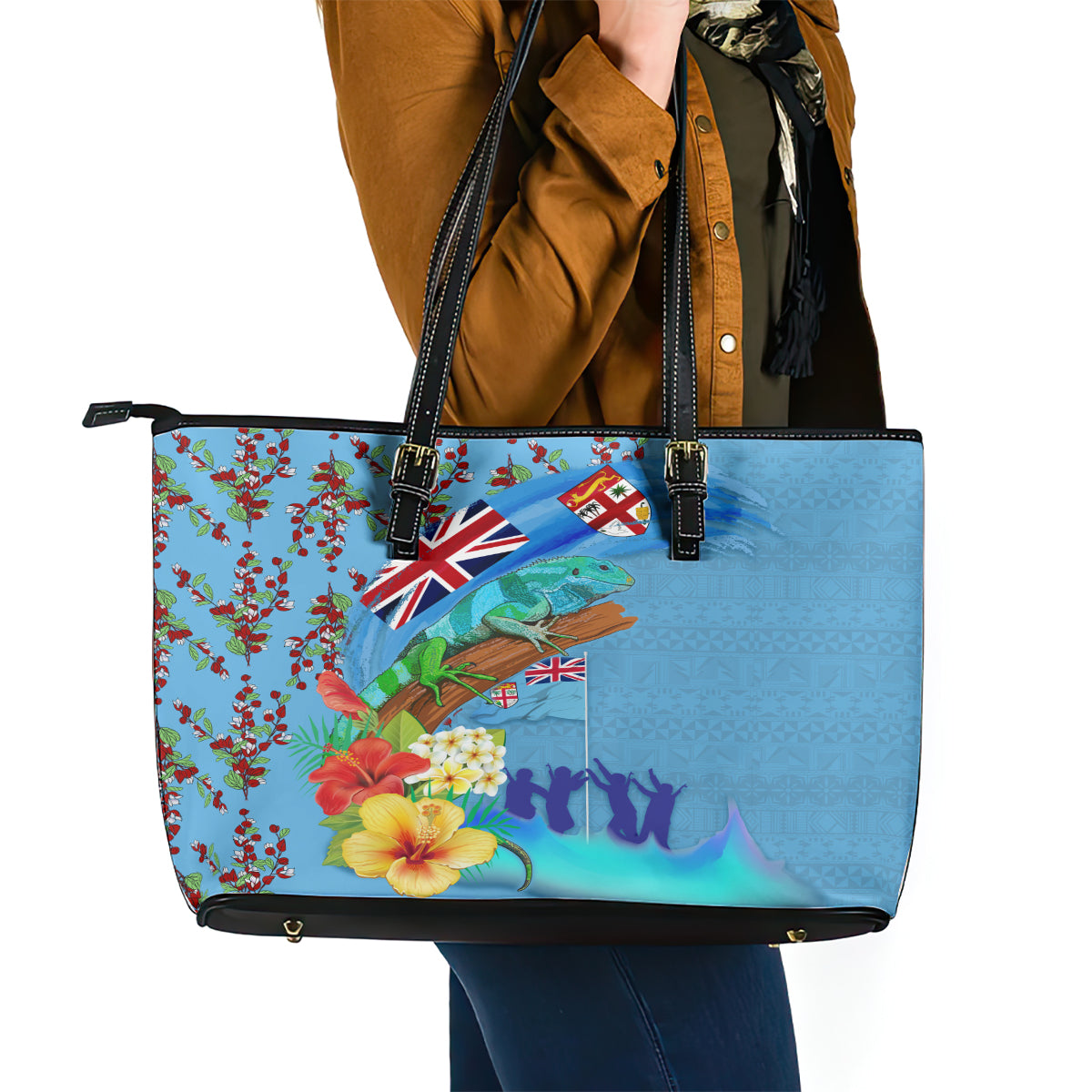 Fiji Day Leather Tote Bag Tagimoucia Flower and Melanesia Pattern LT03 - Polynesian Pride