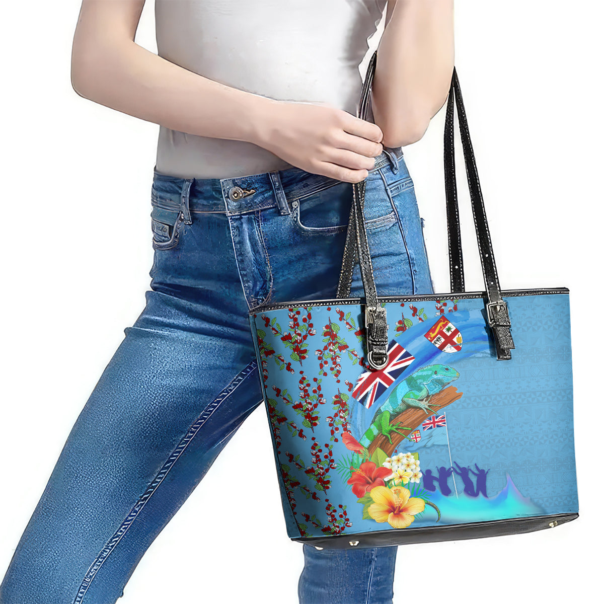 Fiji Day Leather Tote Bag Tagimoucia Flower and Melanesia Pattern LT03 - Polynesian Pride