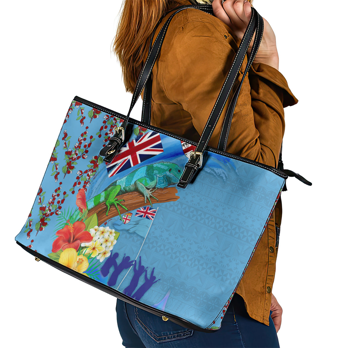 Fiji Day Leather Tote Bag Tagimoucia Flower and Melanesia Pattern LT03 - Polynesian Pride