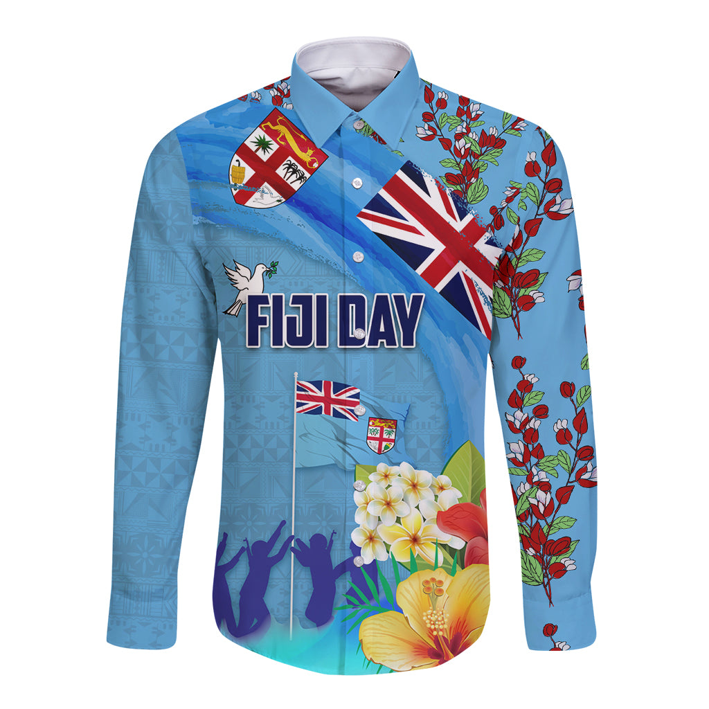 Fiji Day Long Sleeve Button Shirt Tagimoucia Flower and Melanesia Pattern LT03 Unisex Blue - Polynesian Pride
