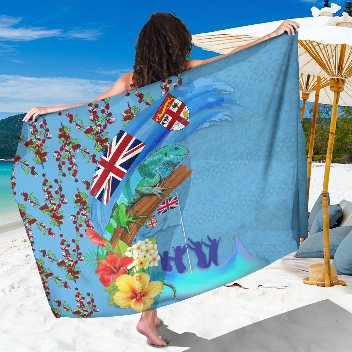 Fiji Day Sarong Tagimoucia Flower and Melanesia Pattern LT03 One Size 44 x 66 inches Blue - Polynesian Pride
