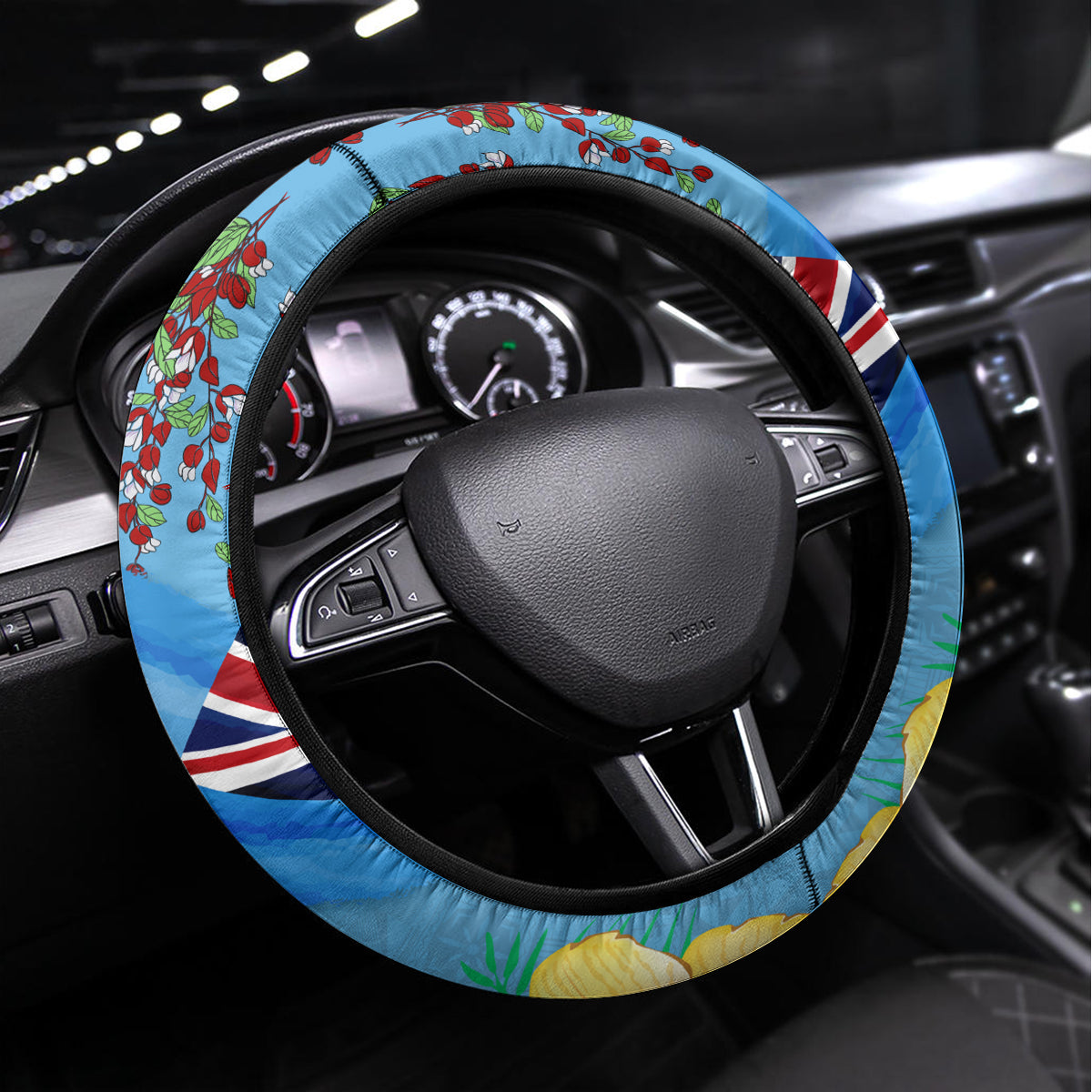 Fiji Day Steering Wheel Cover Tagimoucia Flower and Melanesia Pattern LT03 Universal Fit Blue - Polynesian Pride