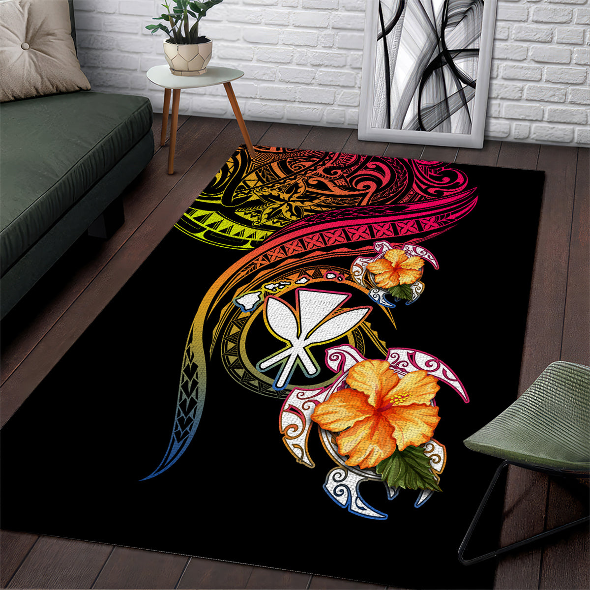 Polynesia Hawaii Turtle Day Area Rug Hibiscus and Kanaka Maoli LT03 Black - Polynesian Pride