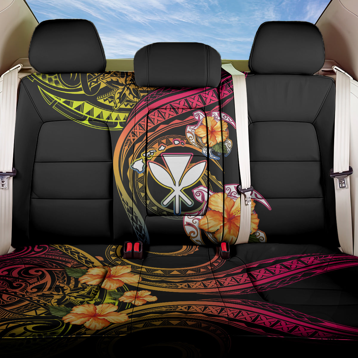 Polynesia Hawaii Turtle Day Back Car Seat Cover Hibiscus and Kanaka Maoli LT03 One Size Black - Polynesian Pride