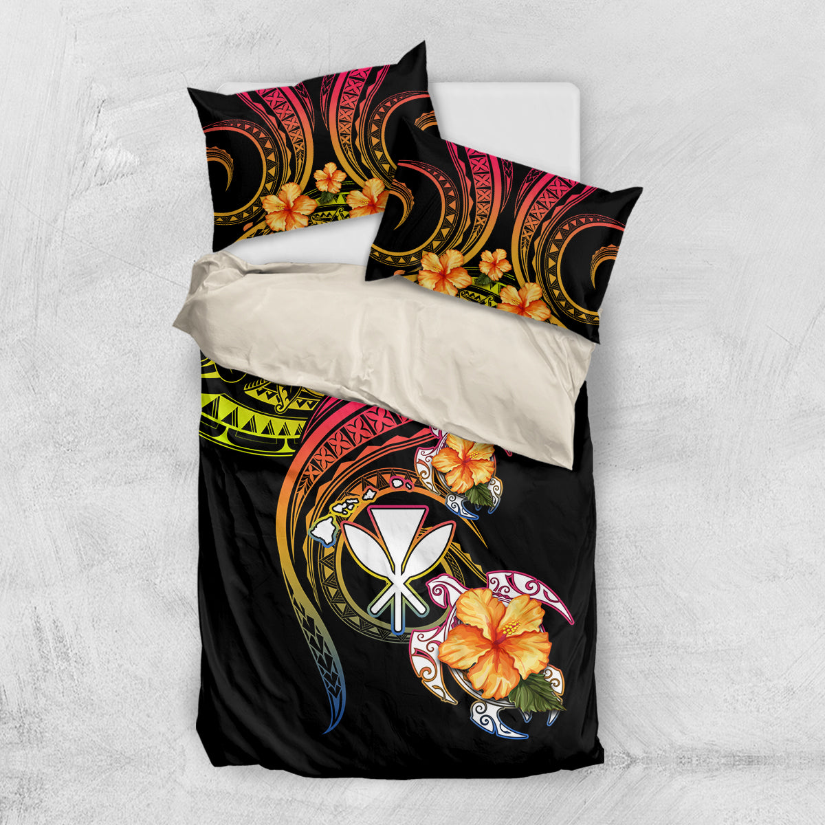 Polynesia Hawaii Turtle Day Bedding Set Hibiscus and Kanaka Maoli LT03 US Twin 172cm x 218cm Black - Polynesian Pride