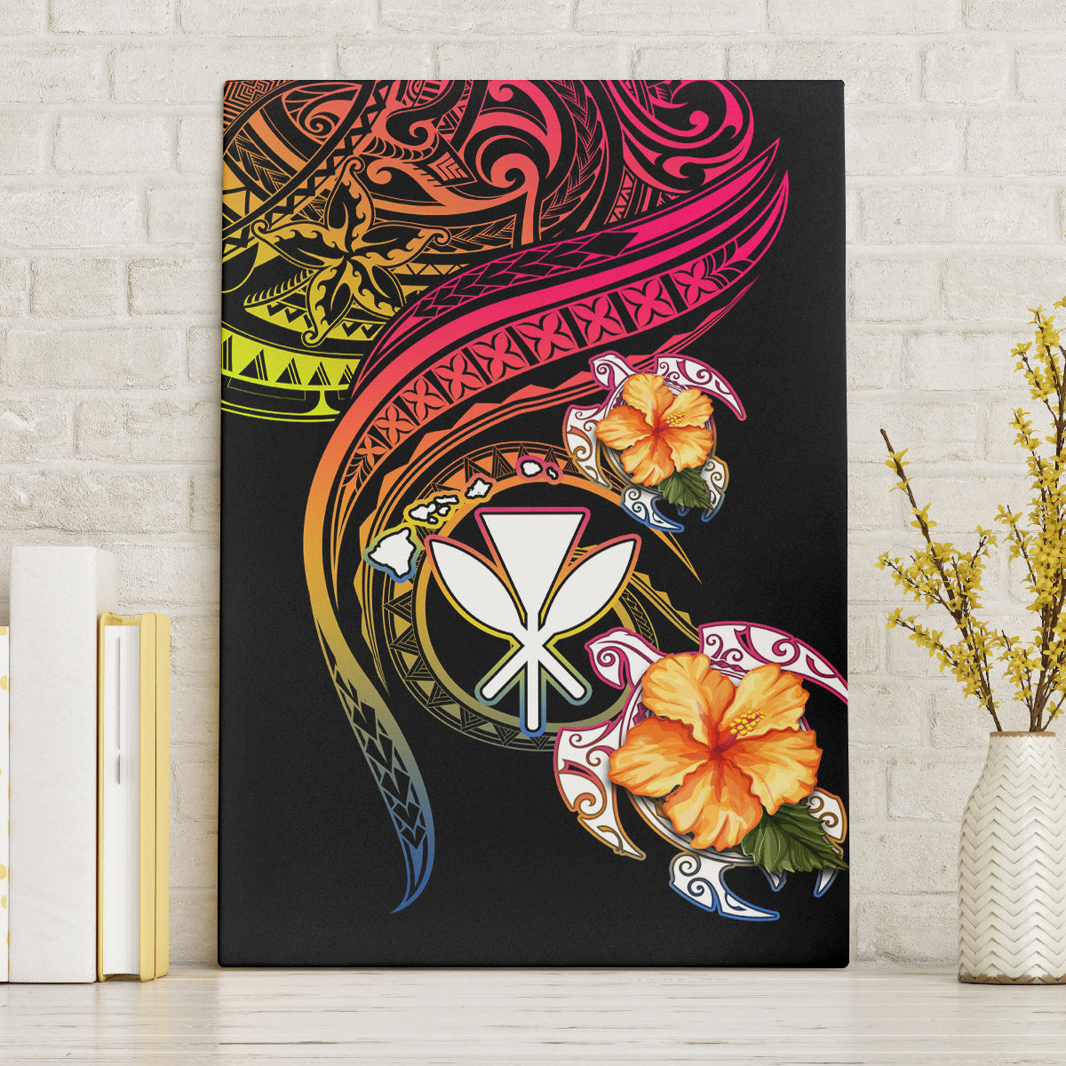 Polynesia Hawaii Turtle Day Canvas Wall Art Hibiscus and Kanaka Maoli LT03 Without Frame Black - Polynesian Pride