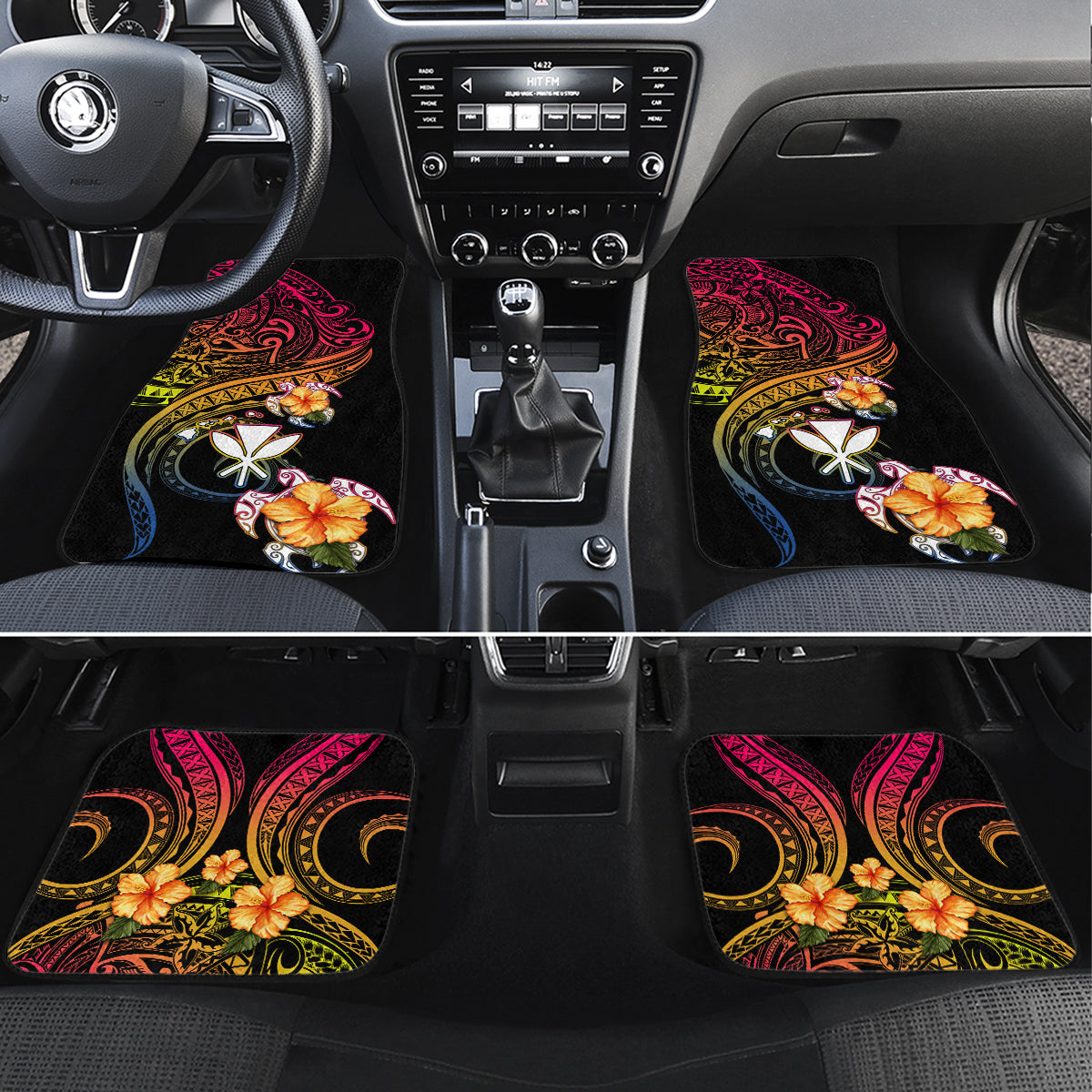 Polynesia Hawaii Turtle Day Car Mats Hibiscus and Kanaka Maoli LT03 Set 4pcs Black - Polynesian Pride