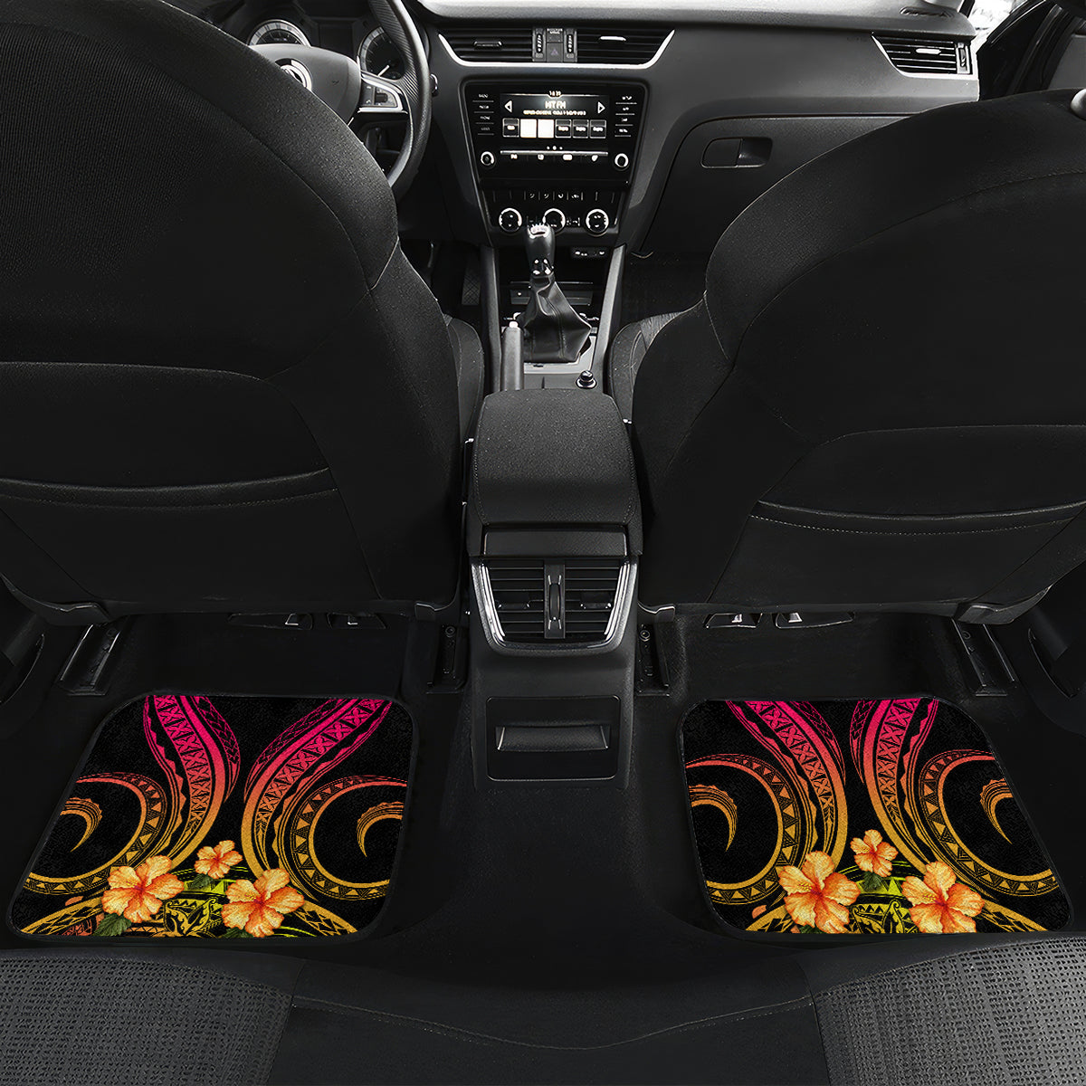 Polynesia Hawaii Turtle Day Car Mats Hibiscus and Kanaka Maoli LT03 Set 2pcs - Back Black - Polynesian Pride