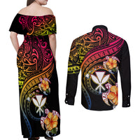 Polynesia Hawaii Turtle Day Couples Matching Off Shoulder Maxi Dress and Long Sleeve Button Shirt Hibiscus and Kanaka Maoli LT03 - Polynesian Pride