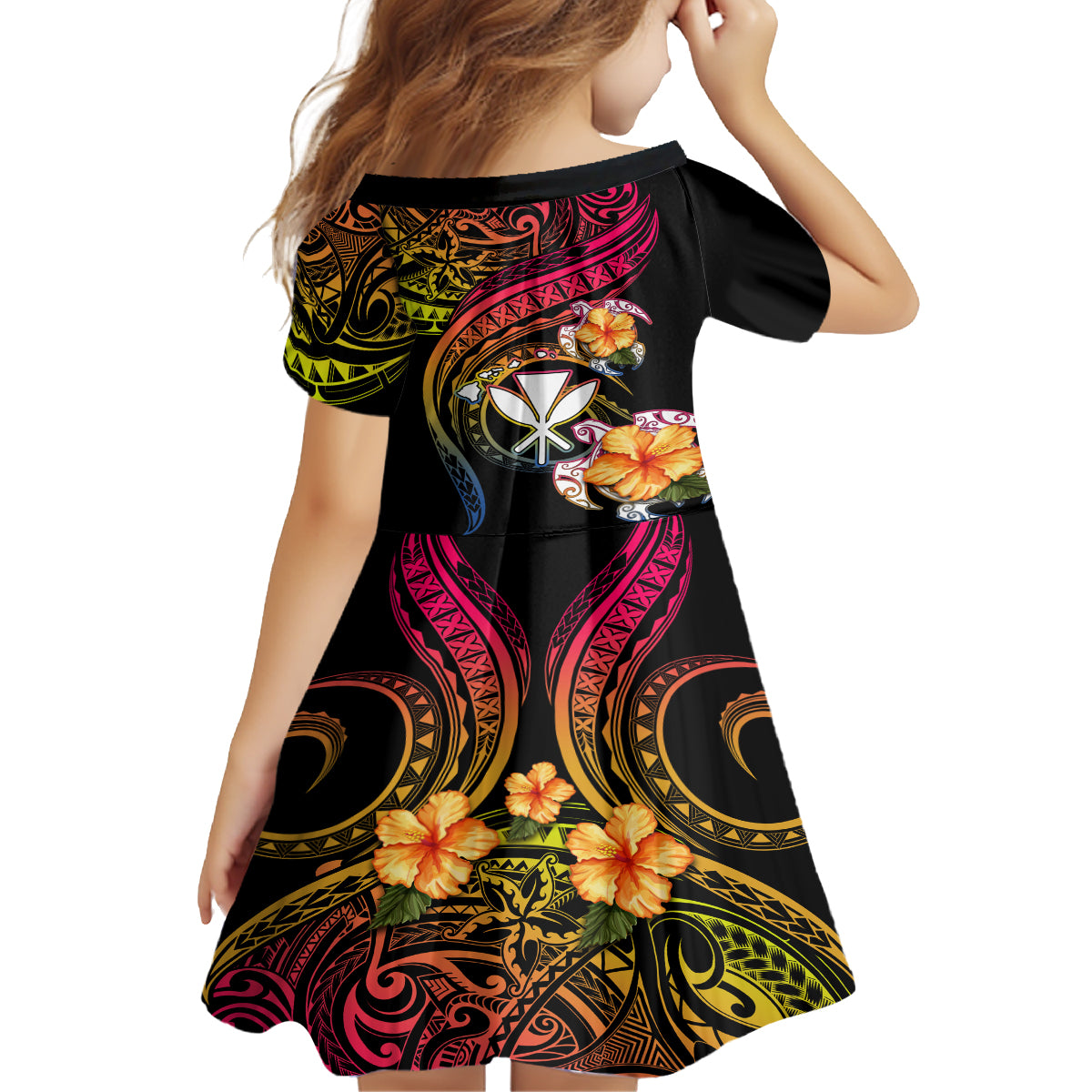 Polynesia Hawaii Turtle Day Kid Short Sleeve Dress Hibiscus and Kanaka Maoli LT03 - Polynesian Pride