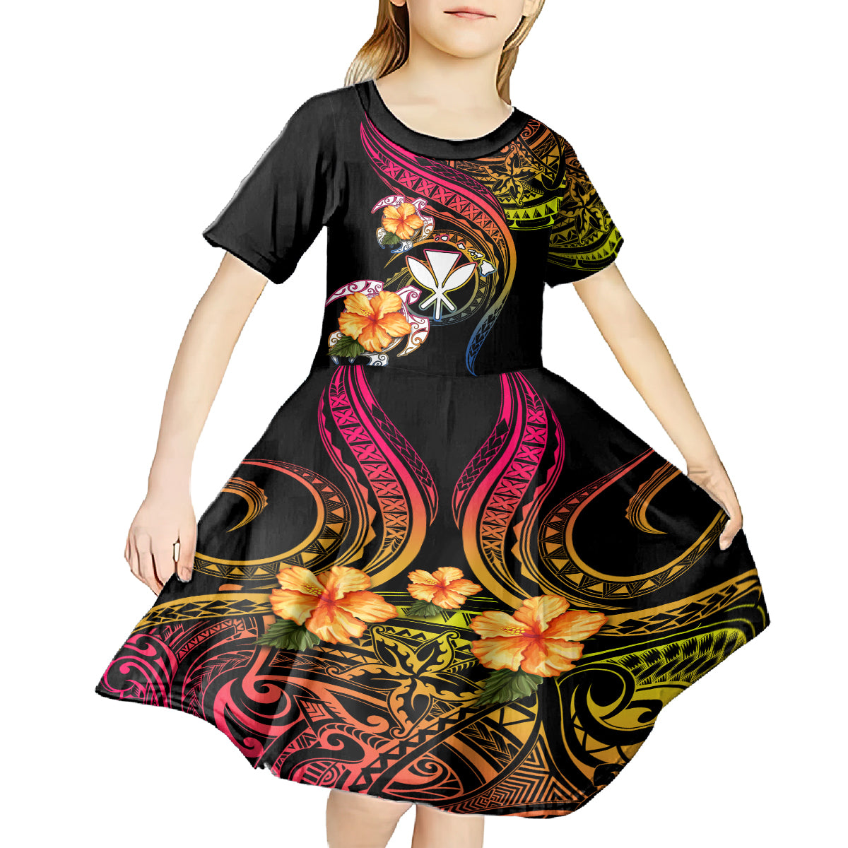Polynesia Hawaii Turtle Day Kid Short Sleeve Dress Hibiscus and Kanaka Maoli LT03 - Polynesian Pride