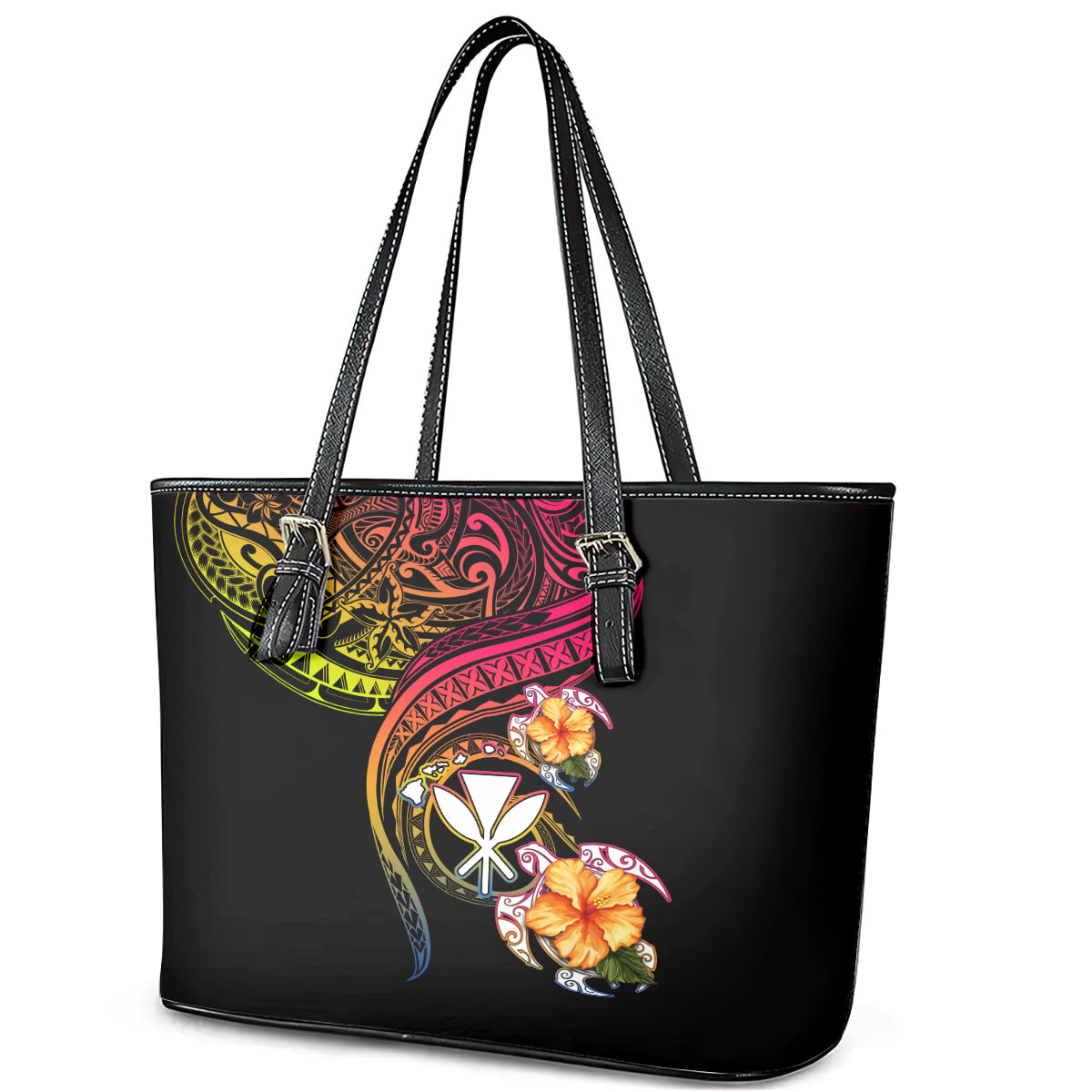 Polynesia Hawaii Turtle Day Leather Tote Bag Hibiscus and Kanaka Maoli LT03 - Polynesian Pride