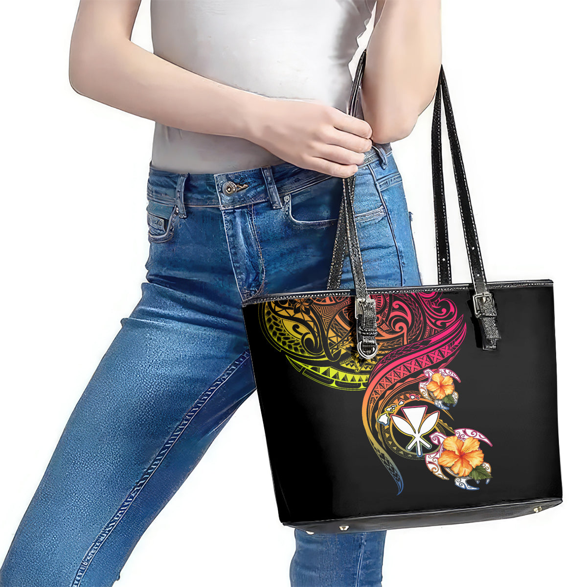 Polynesia Hawaii Turtle Day Leather Tote Bag Hibiscus and Kanaka Maoli LT03 - Polynesian Pride