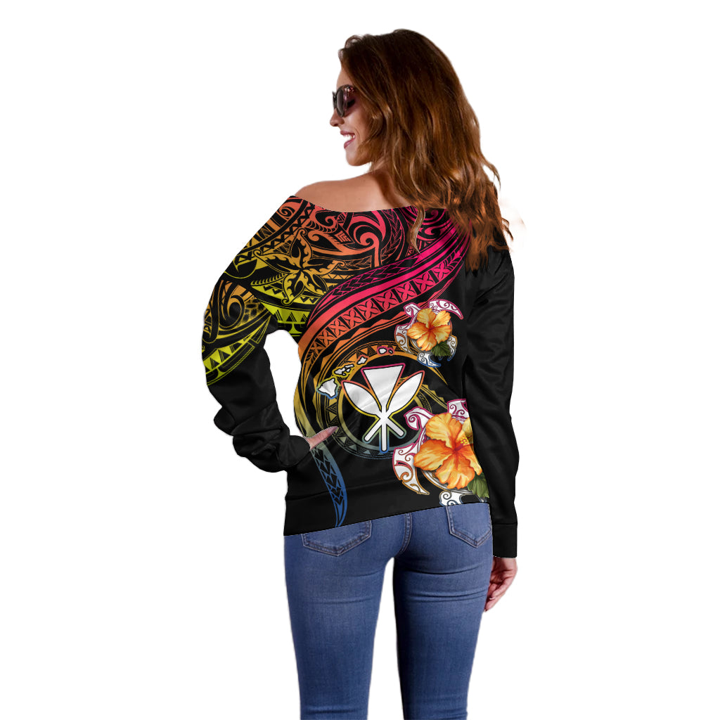 Polynesia Hawaii Turtle Day Off Shoulder Sweater Hibiscus and Kanaka Maoli LT03 - Polynesian Pride