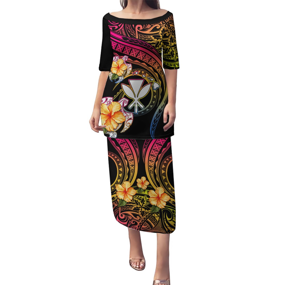 Polynesia Hawaii Turtle Day Puletasi Hibiscus and Kanaka Maoli LT03 Long Dress Black - Polynesian Pride