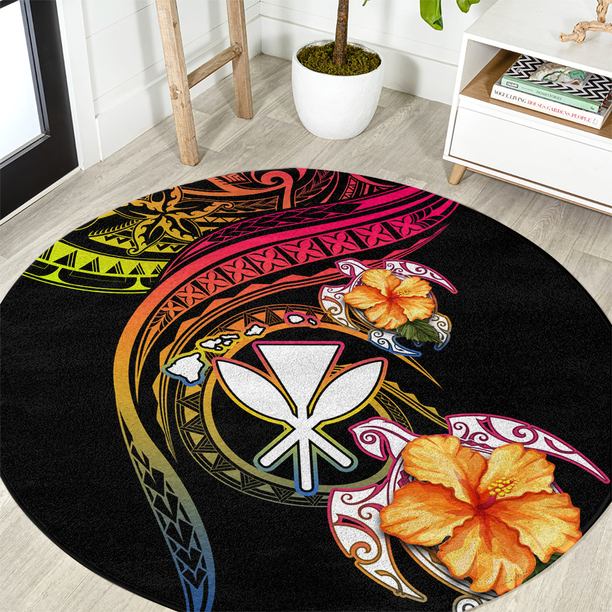 Polynesia Hawaii Turtle Day Round Carpet Hibiscus and Kanaka Maoli LT03 Black - Polynesian Pride