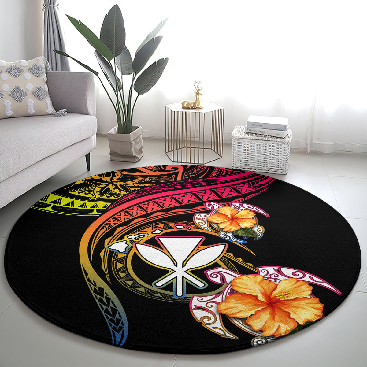 Polynesia Hawaii Turtle Day Round Carpet Hibiscus and Kanaka Maoli LT03 - Polynesian Pride