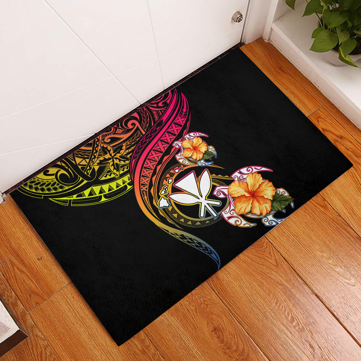 Polynesia Hawaii Turtle Day Rubber Doormat Hibiscus and Kanaka Maoli LT03 Black - Polynesian Pride