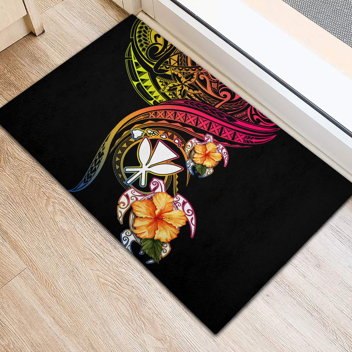 Polynesia Hawaii Turtle Day Rubber Doormat Hibiscus and Kanaka Maoli LT03 - Polynesian Pride