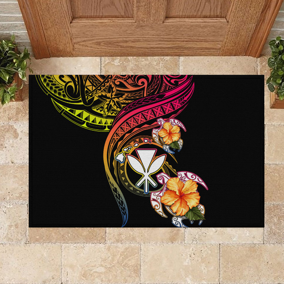 Polynesia Hawaii Turtle Day Rubber Doormat Hibiscus and Kanaka Maoli LT03 - Polynesian Pride