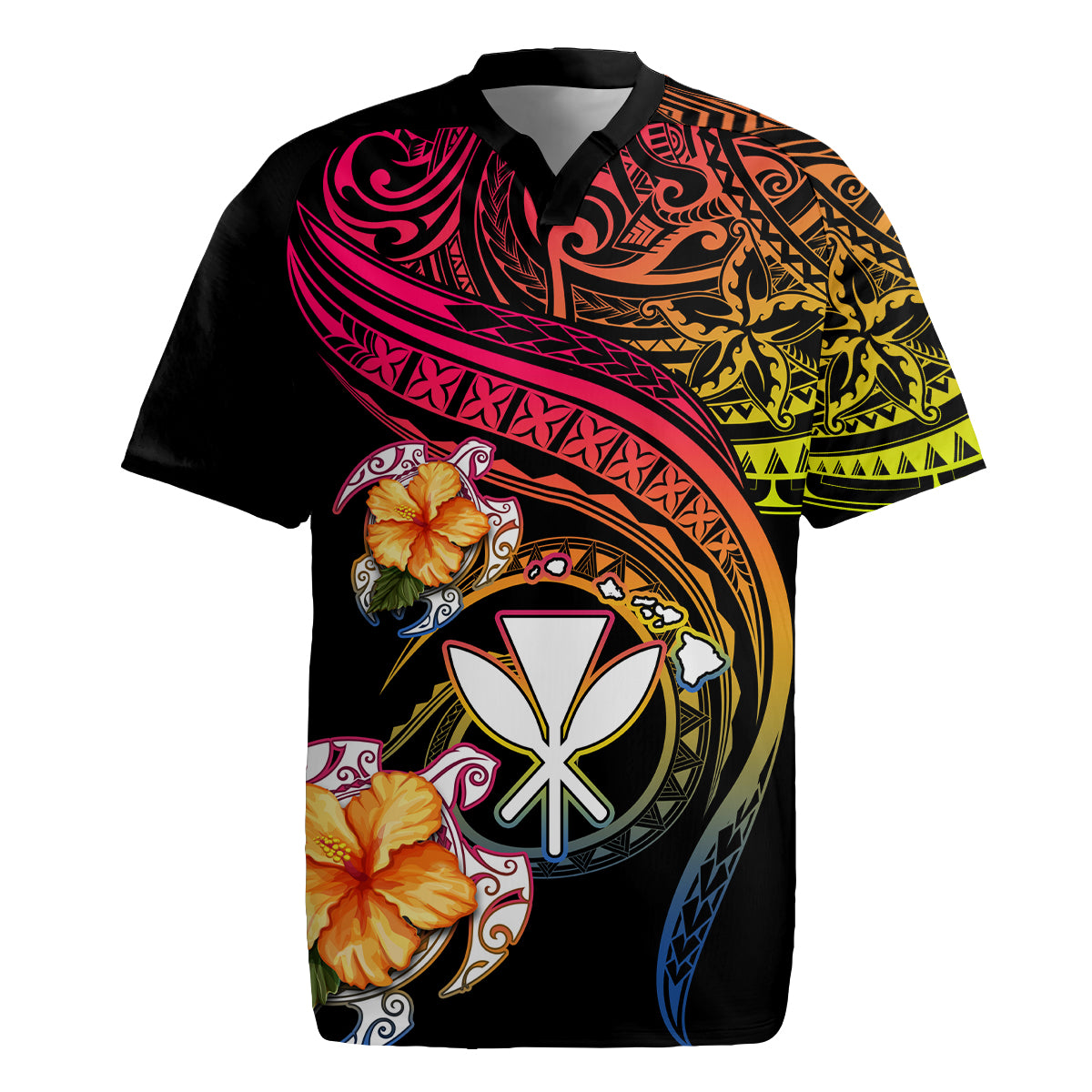 Polynesia Hawaii Turtle Day Rugby Jersey Hibiscus and Kanaka Maoli