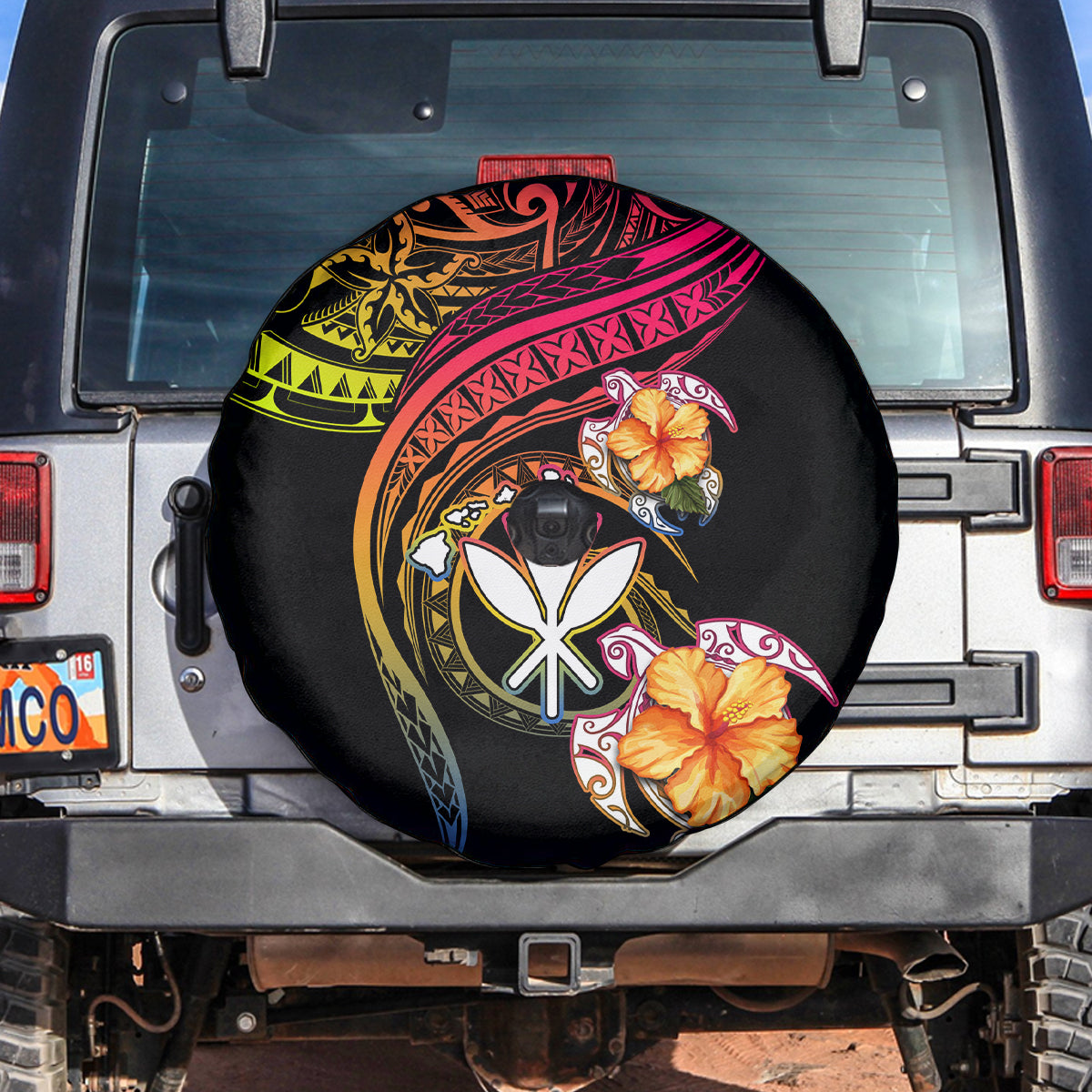 Polynesia Hawaii Turtle Day Spare Tire Cover Hibiscus and Kanaka Maoli LT03 Black - Polynesian Pride
