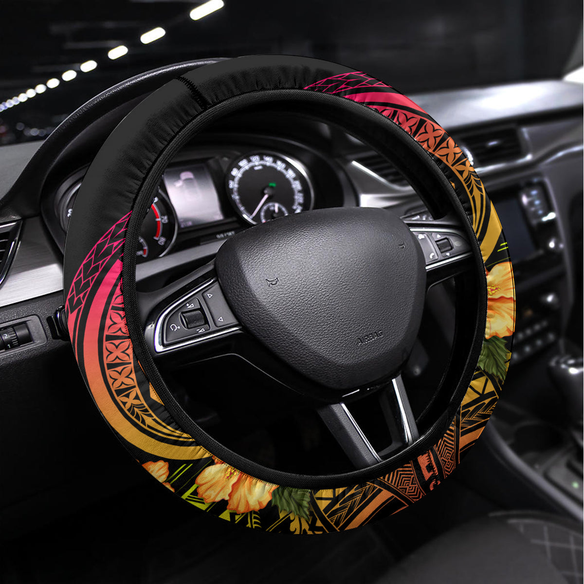 Polynesia Hawaii Turtle Day Steering Wheel Cover Hibiscus and Kanaka Maoli LT03 Universal Fit Black - Polynesian Pride