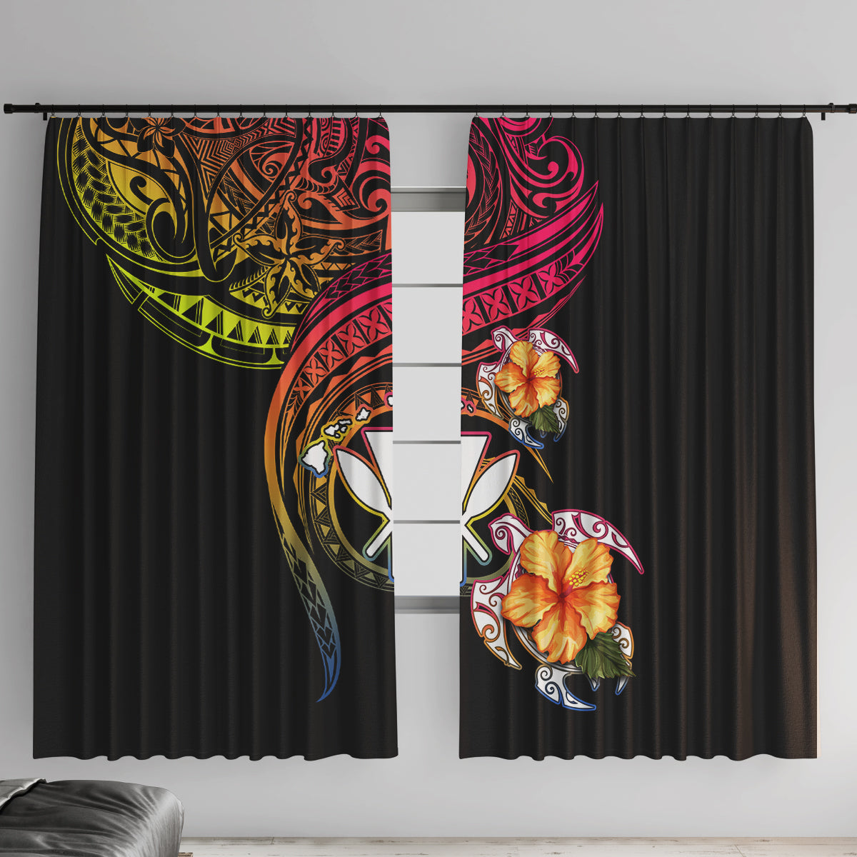 Polynesia Hawaii Turtle Day Window Curtain Hibiscus and Kanaka Maoli LT03 With Hooks Black - Polynesian Pride