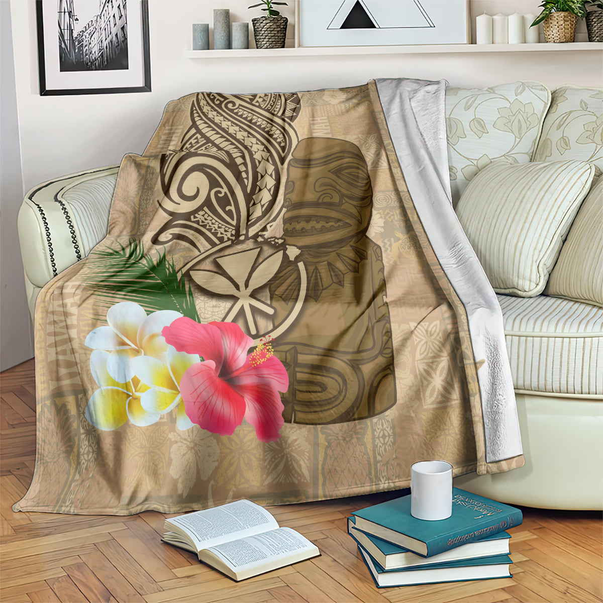 Hawaii Kanaloa Tiki Blanket Polynesian Tattoo and Tapa Pattern LT03 Beige - Polynesian Pride