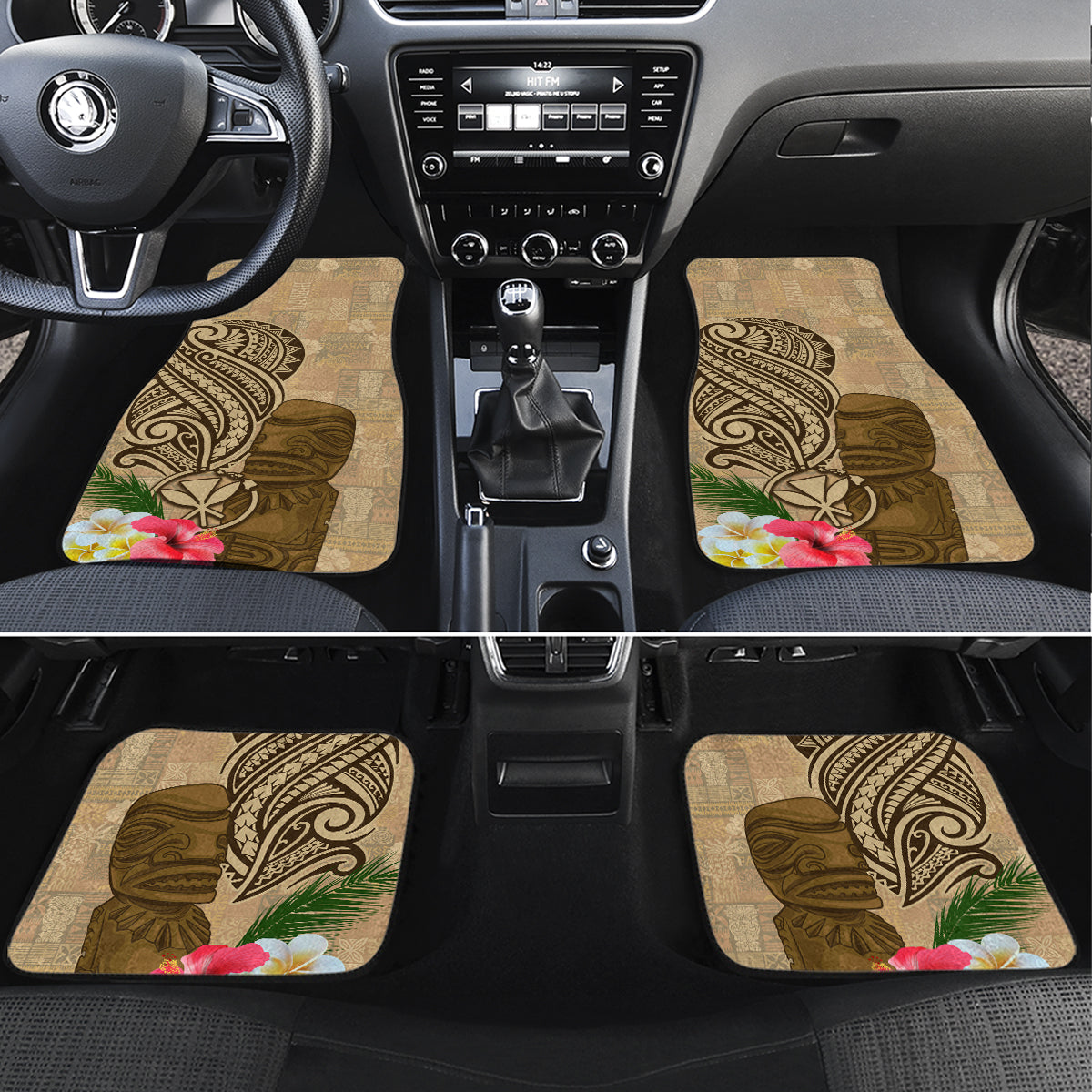 Hawaii Kanaloa Tiki Car Mats Polynesian Tattoo and Tapa Pattern LT03 Set 4pcs Beige - Polynesian Pride