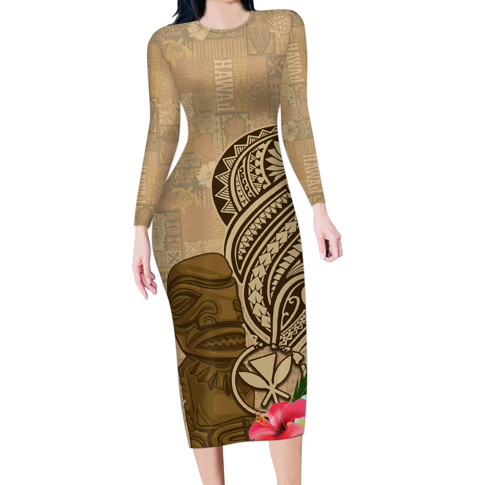 Hawaii Kanaloa Tiki Long Sleeve Bodycon Dress Polynesian Tattoo and Tapa Pattern LT03 Long Dress Beige - Polynesian Pride