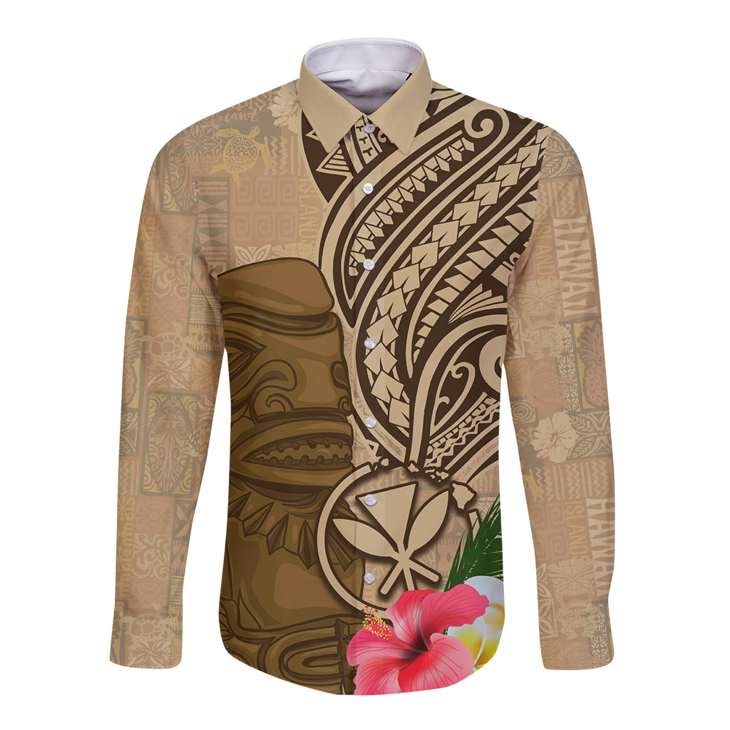 Hawaii Kanaloa Tiki Long Sleeve Button Shirt Polynesian Tattoo and Tapa Pattern LT03 Unisex Beige - Polynesian Pride