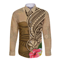 Hawaii Kanaloa Tiki Long Sleeve Button Shirt Polynesian Tattoo and Tapa Pattern LT03 Unisex Beige - Polynesian Pride