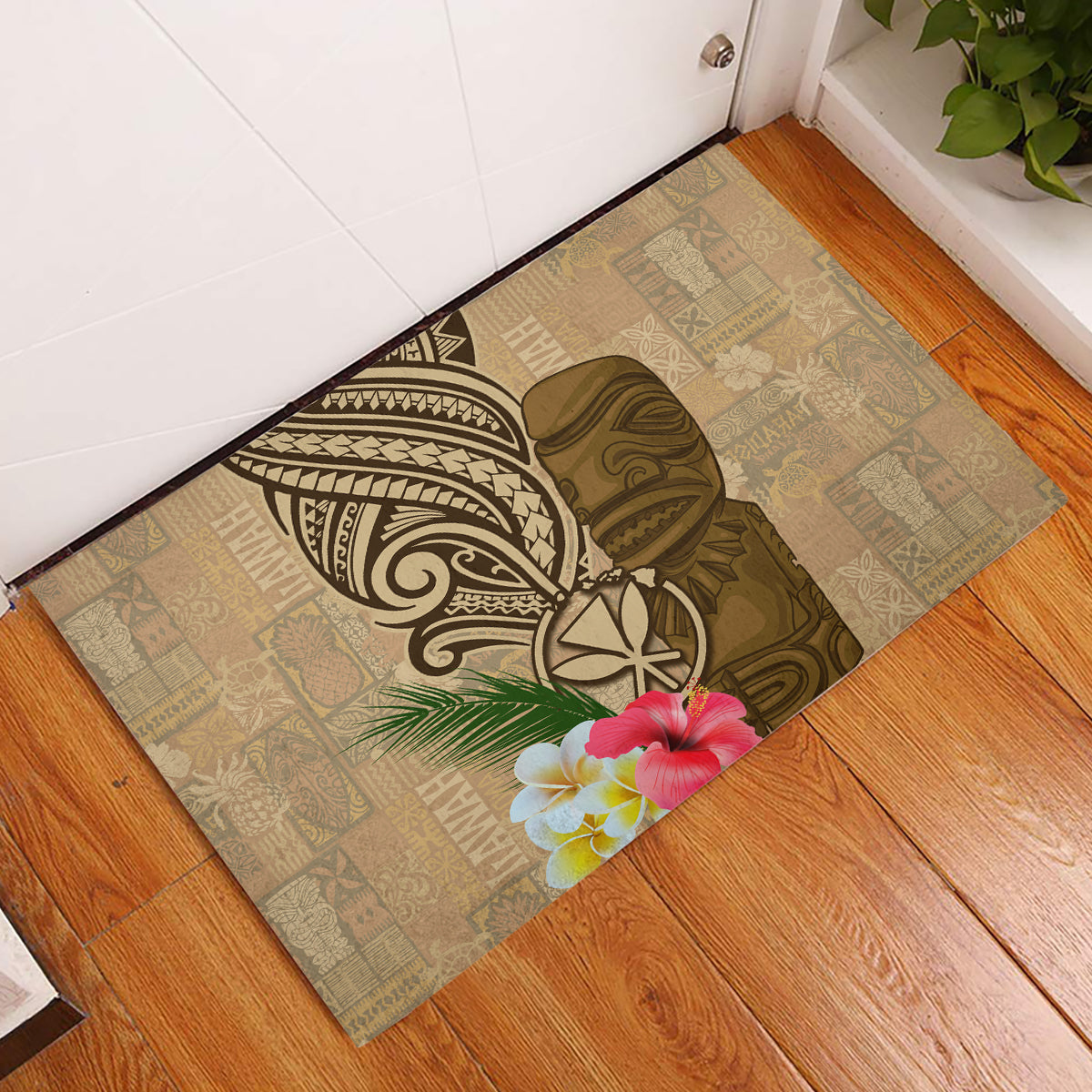 Hawaii Kanaloa Tiki Rubber Doormat Polynesian Tattoo and Tapa Pattern LT03 Beige - Polynesian Pride