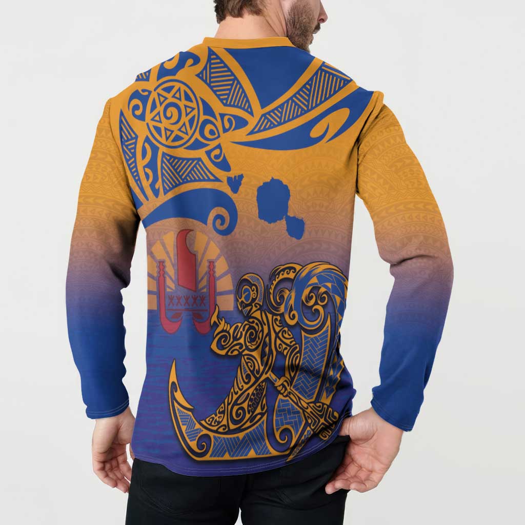 Hawaiki Nui Va'a Solo French Polynesia Button Sweatshirt Sunset Color LT03 - Polynesian Pride