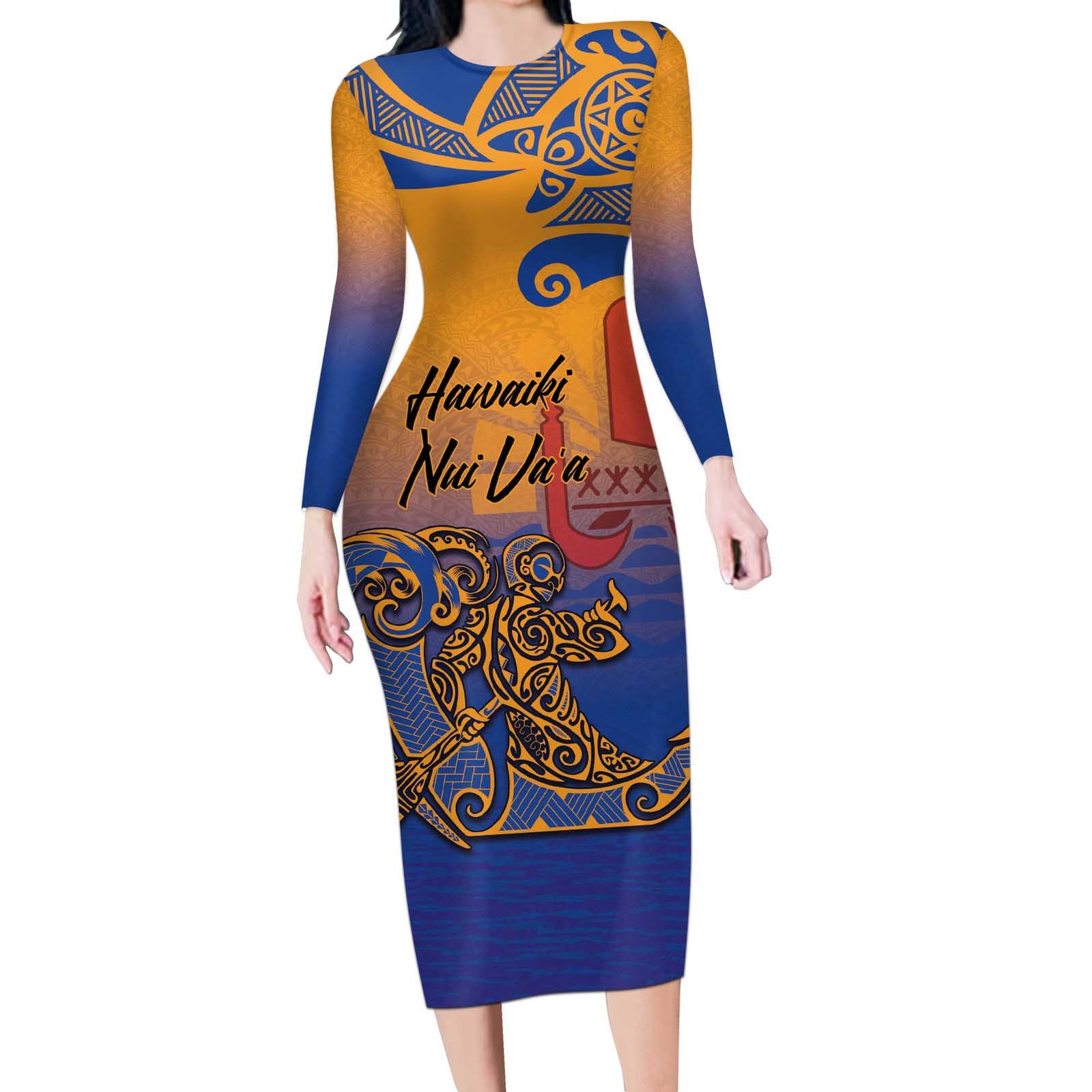 Hawaiki Nui Va'a Solo French Polynesia Long Sleeve Bodycon Dress Sunset Color LT03 Long Dress Yellow - Polynesian Pride