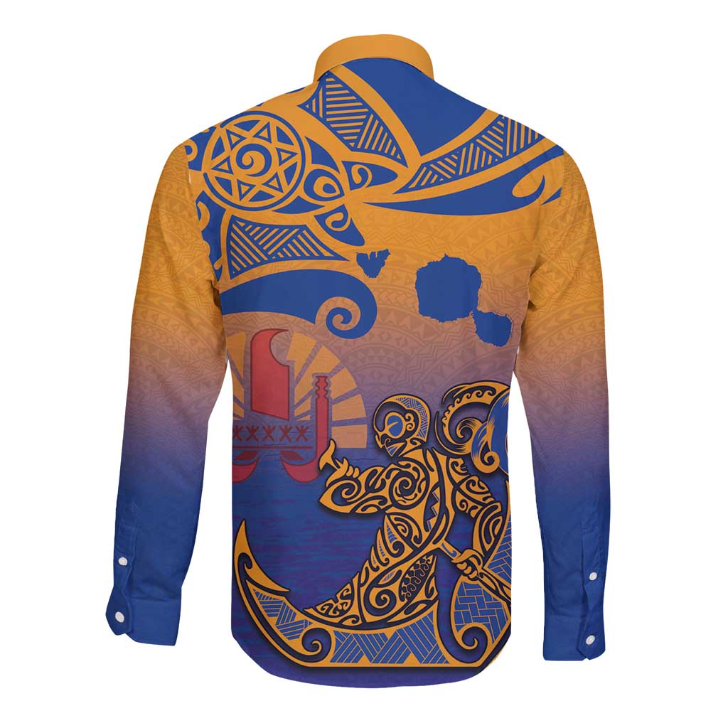 Hawaiki Nui Va'a Solo French Polynesia Long Sleeve Button Shirt Sunset Color LT03 - Polynesian Pride