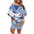 Hawaiki Nui Va'a Solo French Polynesia Family Matching Off Shoulder Short Dress and Hawaiian Shirt Blue Color