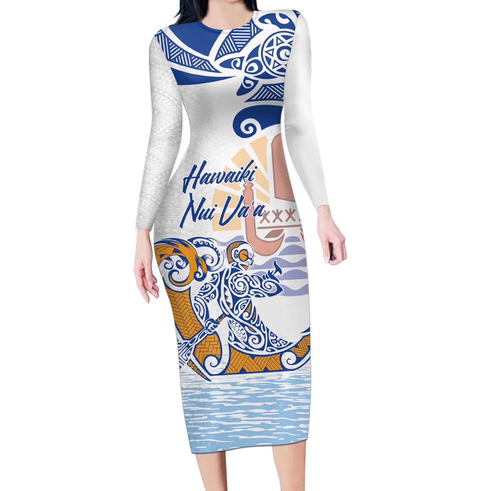Hawaiki Nui Va'a Solo French Polynesia Long Sleeve Bodycon Dress Blue Color LT03 Long Dress Blue - Polynesian Pride