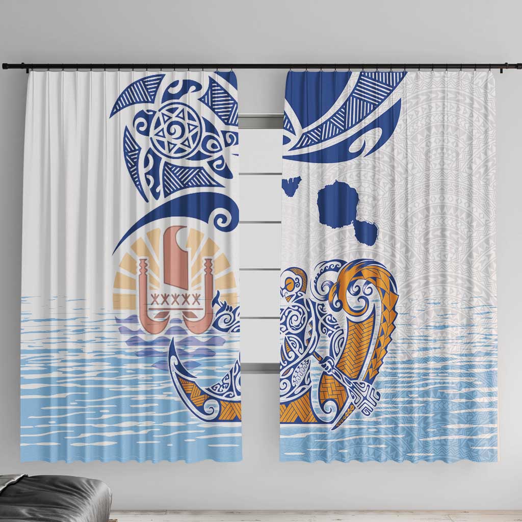 Hawaiki Nui Va'a Solo French Polynesia Window Curtain Blue Color LT03 With Hooks Blue - Polynesian Pride