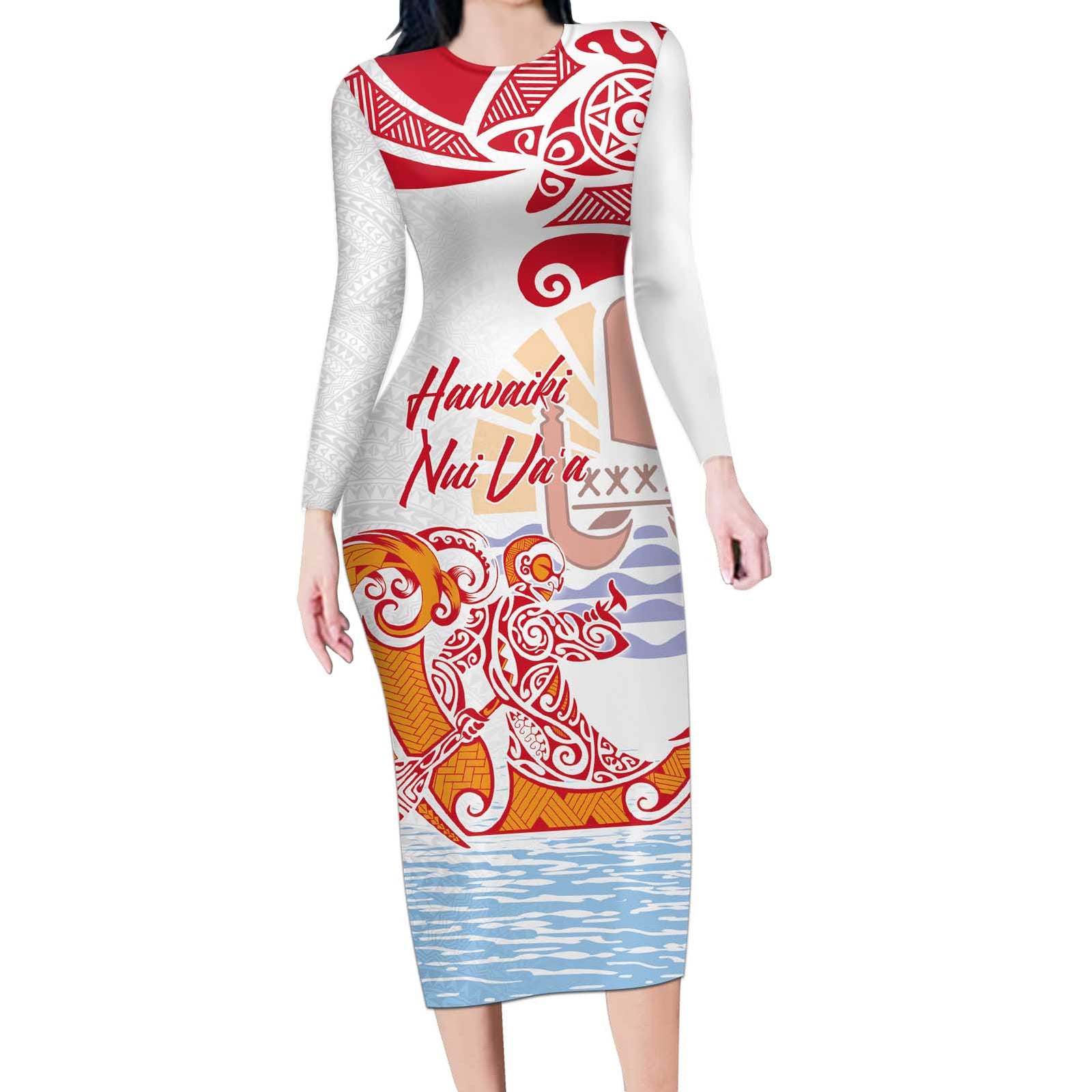 Hawaiki Nui Va'a Solo French Polynesia Long Sleeve Bodycon Dress Red Color LT03 Long Dress Red - Polynesian Pride