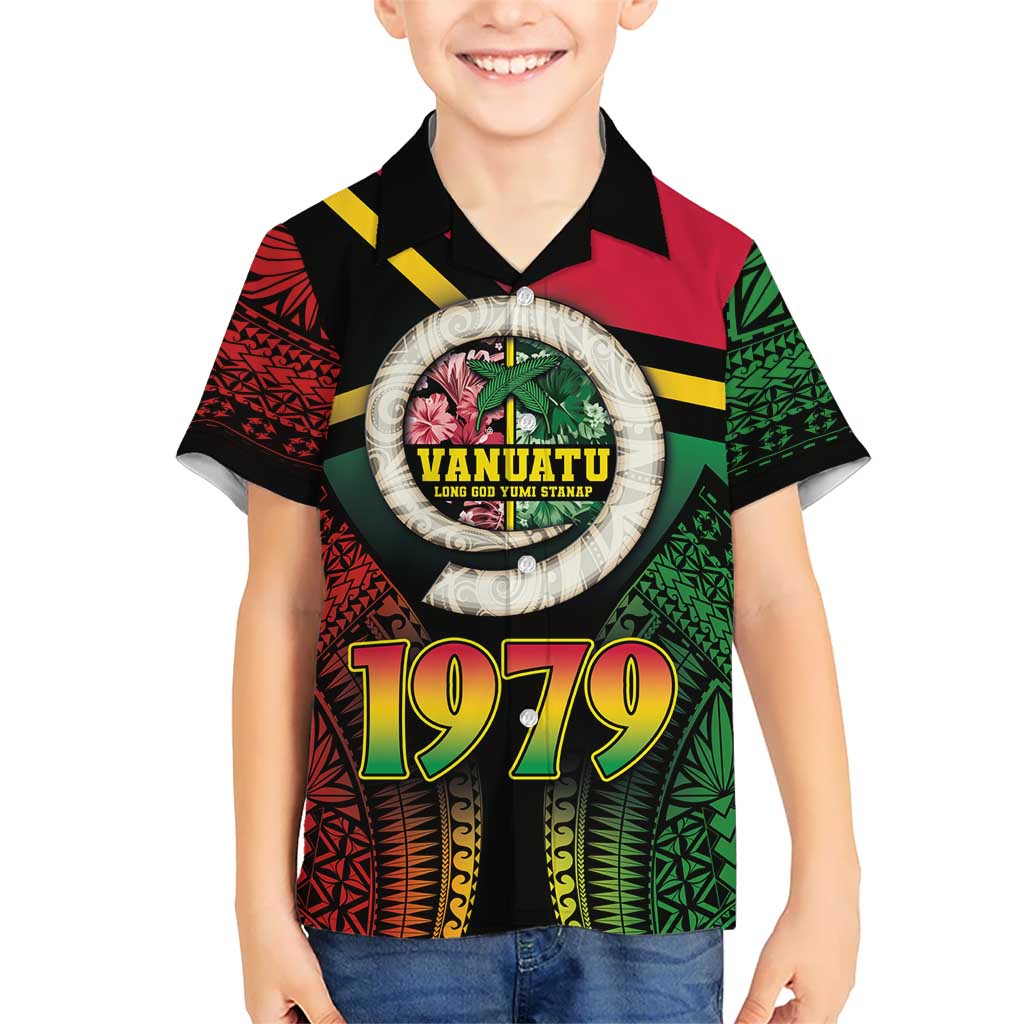 Vanuatu Constitution Day Kid Hawaiian Shirt Polynesian Tattoo and Pig Tusk Since 1979 LT03 Kid Black - Polynesian Pride